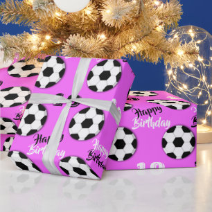 Papier Cadeau Filles soccer N'IMPORTE QUEL ÂGE rose anniversair
