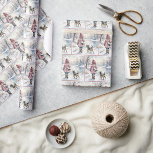 Papier Cadeau Fillette à l'aquarelle avec patins à glace et chie