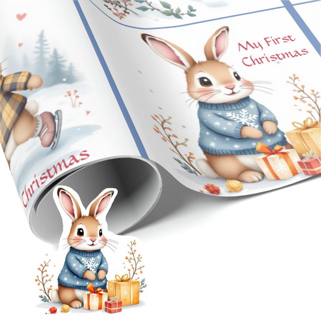 Papier Cadeau First Christmas Baby Boy's Name Winter Bunnies (Créateur téléchargé)