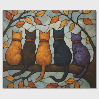 Papier Cadeau Five Cats on a Tree Branch Stained Glass Style