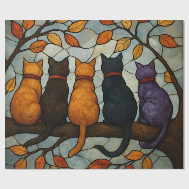 Papier Cadeau Five Cats on a Tree Branch Stained Glass Style (Plat)
