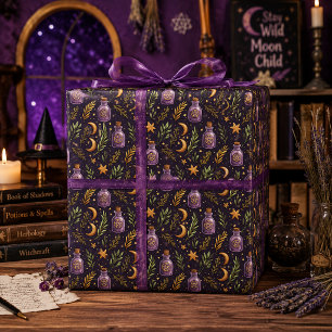 Papier Cadeau Flacon de Potion Sorcière Croissant de Lune Violet