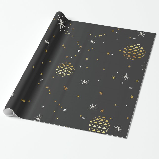 Papier Cadeau Flacons De Neige Blanches Et Boules D'Or (Déroulé)