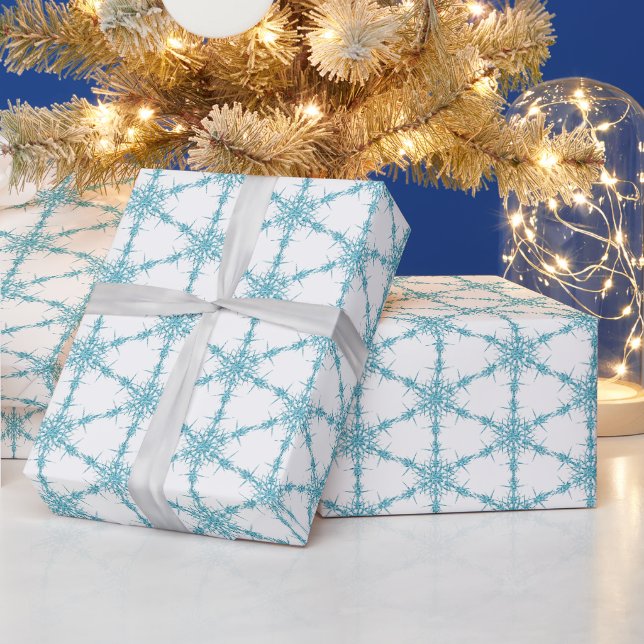 Papier Cadeau Flacons De Neige Turquoise Sur Blanc (Vacances)