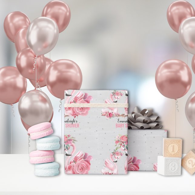 Papier Cadeau Flamant rose Aquarelle Argent Baby shower Ballerin (Créateur téléchargé)