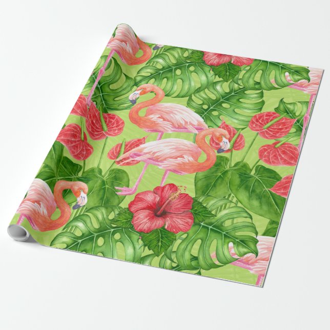 Papier Cadeau Flamant rose et plantes tropicaux (Déroulé)