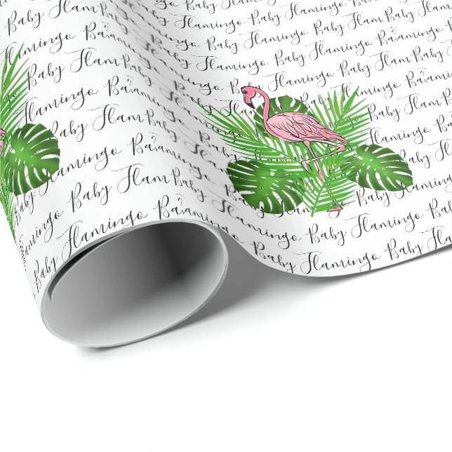 Papier Cadeau Flamant rose, flamant rose, feuilles de la jungle  (Coin rond)