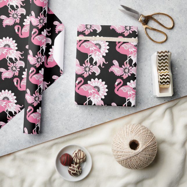 Papier Cadeau Flamant rose moderne noir rose (Artisanat)