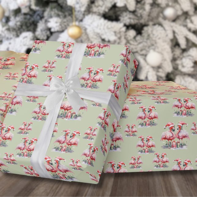 Papier Cadeau Flamant rose Noël (Flamingo Beach Pink Green Christmas Wrapping Paper)