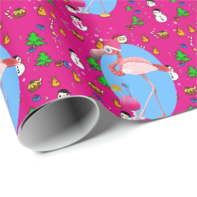 Papier Cadeau Flamant rose Noël Funny Doodles Festif Amusant (Coin rond)