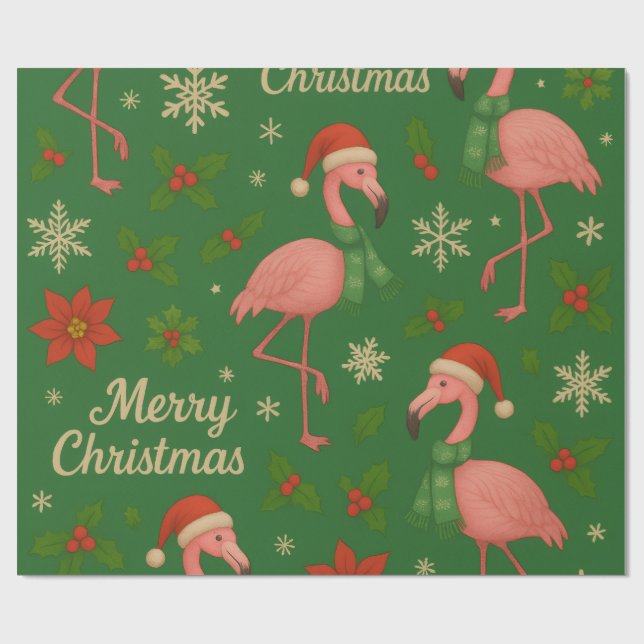 Papier Cadeau Flamant rose Noel : Salutations Holly Jolly (Plat)