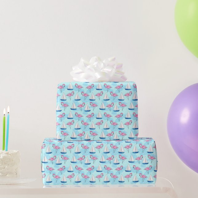 Papier Cadeau Flamant rose rose Blue Voilier Preppy (Cadeaux de fête)