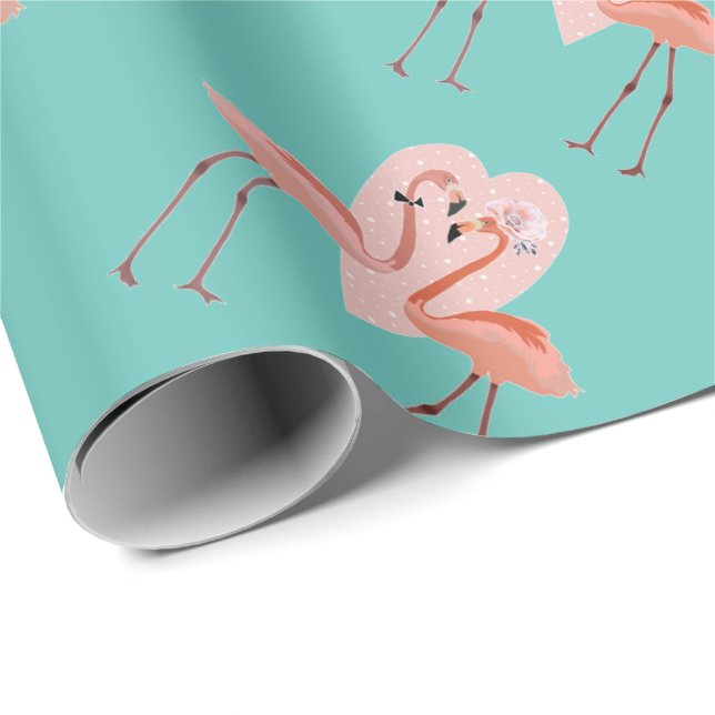 Papier Cadeau Flamant rose rose chic amour coeur (Coin rond)