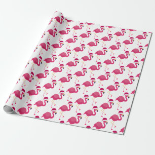 Papier Cadeau Flamant rose rose de Noël avec chapeau de Noël