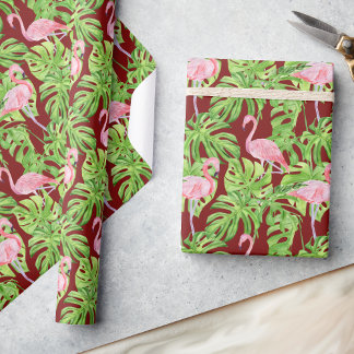 Papier Cadeau Flamant rose rose Feuilles tropicaux en Bourgogne