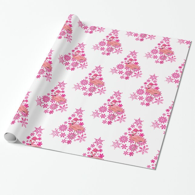 Papier Cadeau Flamant rose rose Père Noël Snowflake Arbre de Noë (Déroulé)