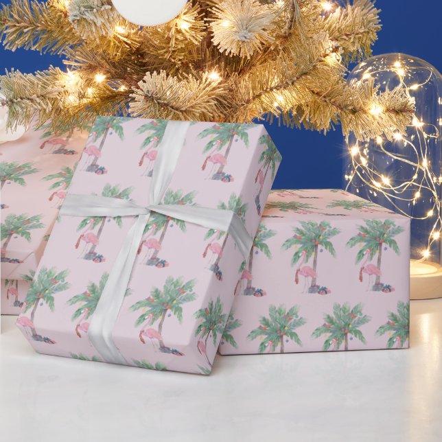 Papier Cadeau Flamant rose rose | Santa Hat avec Palm Tree & Lig (Vacances)