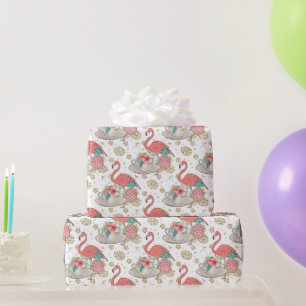 Papier Cadeau Flamant Rose Tropical Filles Anniversaire