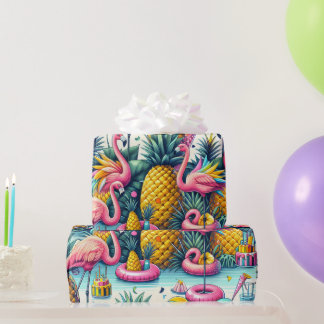 Papier Cadeau Flamants roses de fête tropicale, ananas et ballon