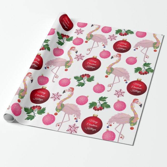 Papier Cadeau Flamants roses de Noël personnalisés (Déroulé)