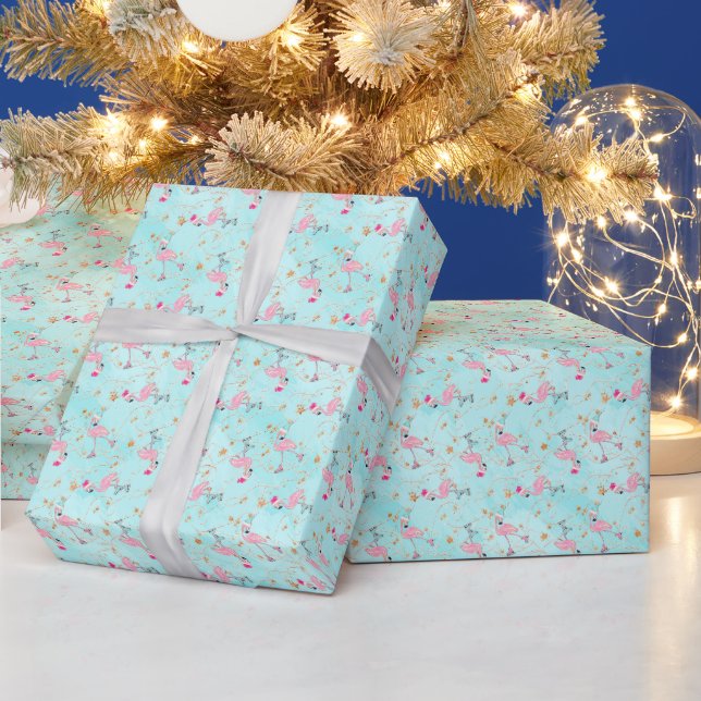 Papier Cadeau Flamants roses de patinage rose et aqua Noël (Vacances)