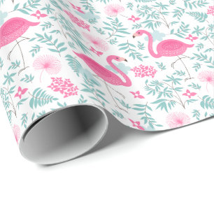 Papier Cadeau Flamants roses et fleurs tropicales Motif d'illust