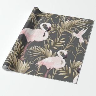 Papier Cadeau flamants roses et plantes dorés sans couture motif