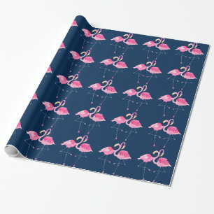 Papier Cadeau Flamants roses Marine et rose en amour Motif