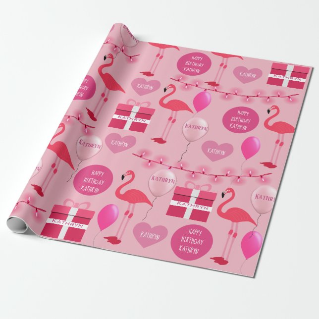 Papier Cadeau Flamants roses personnalisés Anniversaire (Déroulé)