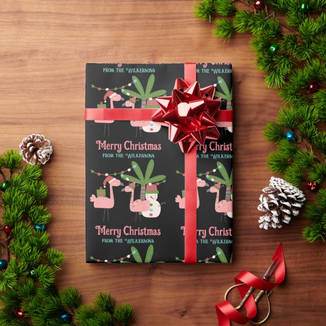 Papier Cadeau Flamants roses rose de Noël tropicaux en noir (Cadeau de vacances)