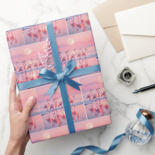 Papier Cadeau Flamants roses roses sur une plage rose