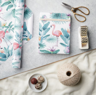 Papier Cadeau Flamants roses tropicaux feuille motif