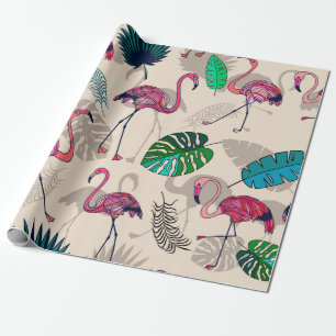 Papier Cadeau flamigos roses et feuilles tropicaux sans couture 