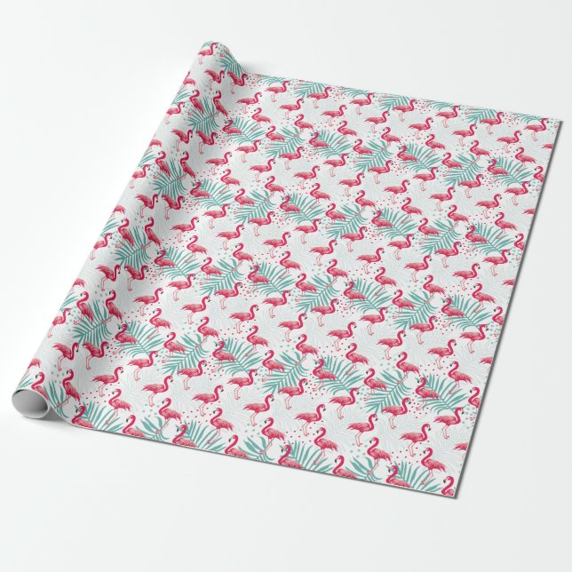 Papier Cadeau Flamingo tropical et feuille, motif d'été. (Déroulé)