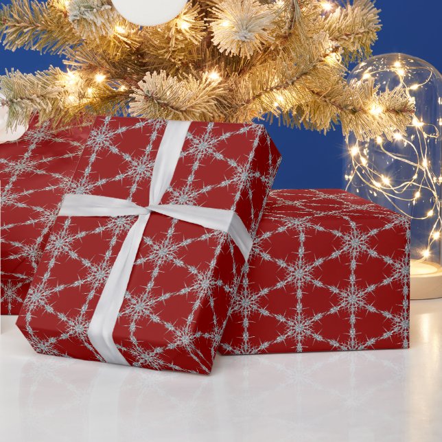 Papier Cadeau Flammes De Neige Argent Sur Rouge (Vacances)