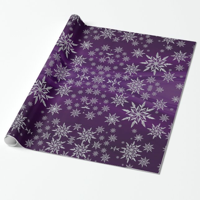 Papier Cadeau Flammes de neige argentées sur violet (Déroulé)