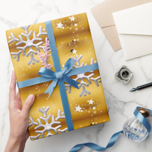 Papier Cadeau Flammes de neige blanches à Noël d'or (Cadeaux)