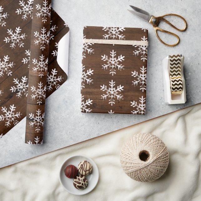 Papier Cadeau Flammes de neige blanches rustiques Bois foncé (Artisanat)