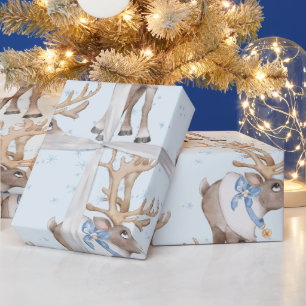 Papier Cadeau Flammes de neige de Noël Bleu Cerf