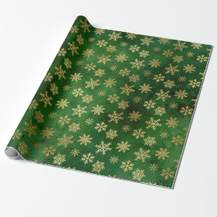 Papier Cadeau Flammes de neige en or métallique sur vert