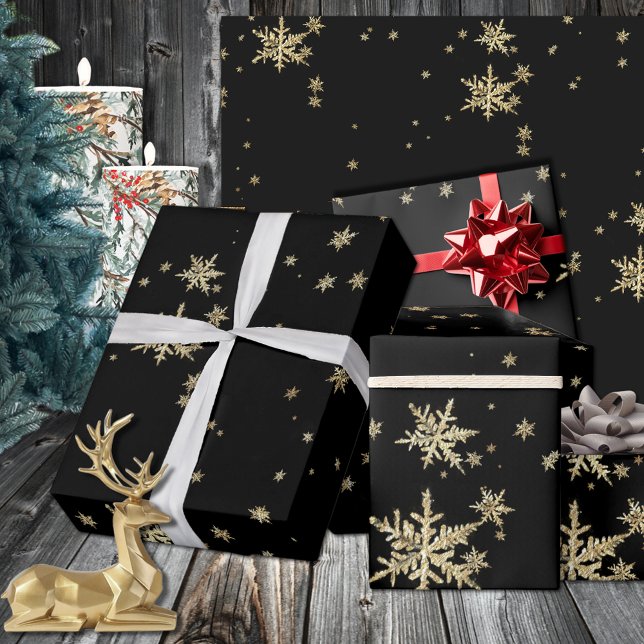 Papier Cadeau Flammes De Neige Noir Et Or Dramatique Sur Noir (Dramatic Black & Gold Snowflakes On Black Wrapping Paper In 6 & 15 Foot Long 30 Inch Width Rolls)