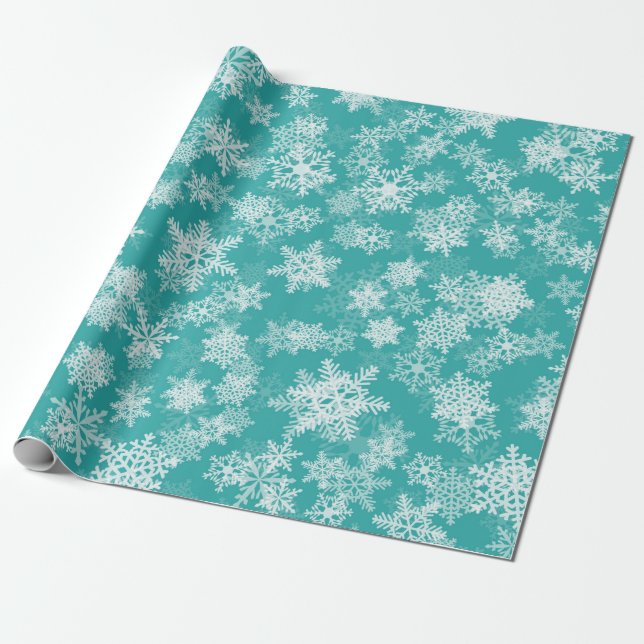 Papier Cadeau Flammes de neige turquoise et blanche Vacances hiv (Déroulé)