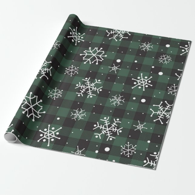 Papier Cadeau Flammes de neige vert noir Buffalo plaqué (Déroulé)