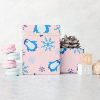 Papier Cadeau Flèches de neige bleues et pingouin mignon rose cl