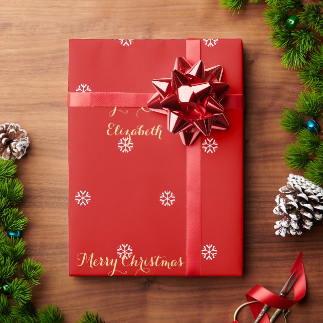 Papier Cadeau Flèches de neige personnalisées Noël Rouge Faux Go (Custom Snowflakes Christmas Red Faux Gold Script Wrapping Paper)