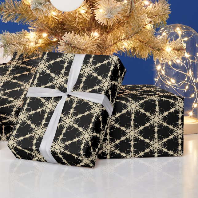 Papier Cadeau Fléchettes De Neige Or Sur Noir (Vacances)