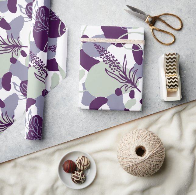 Papier Cadeau Fleur Abstraite Artistique | Bleu Nuit et Rose Pou (Artisanat)