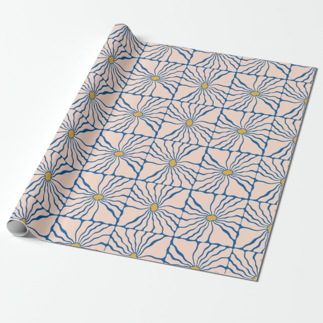 Papier Cadeau Fleur Abstraite bleu jaune rétro Boho Floral (Déroulé)