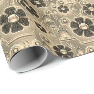 Papier Cadeau Fleur Art déco motif géométrique or brun