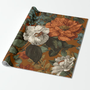 Papier Cadeau Fleur botanique verte orange brûlé rustique gras